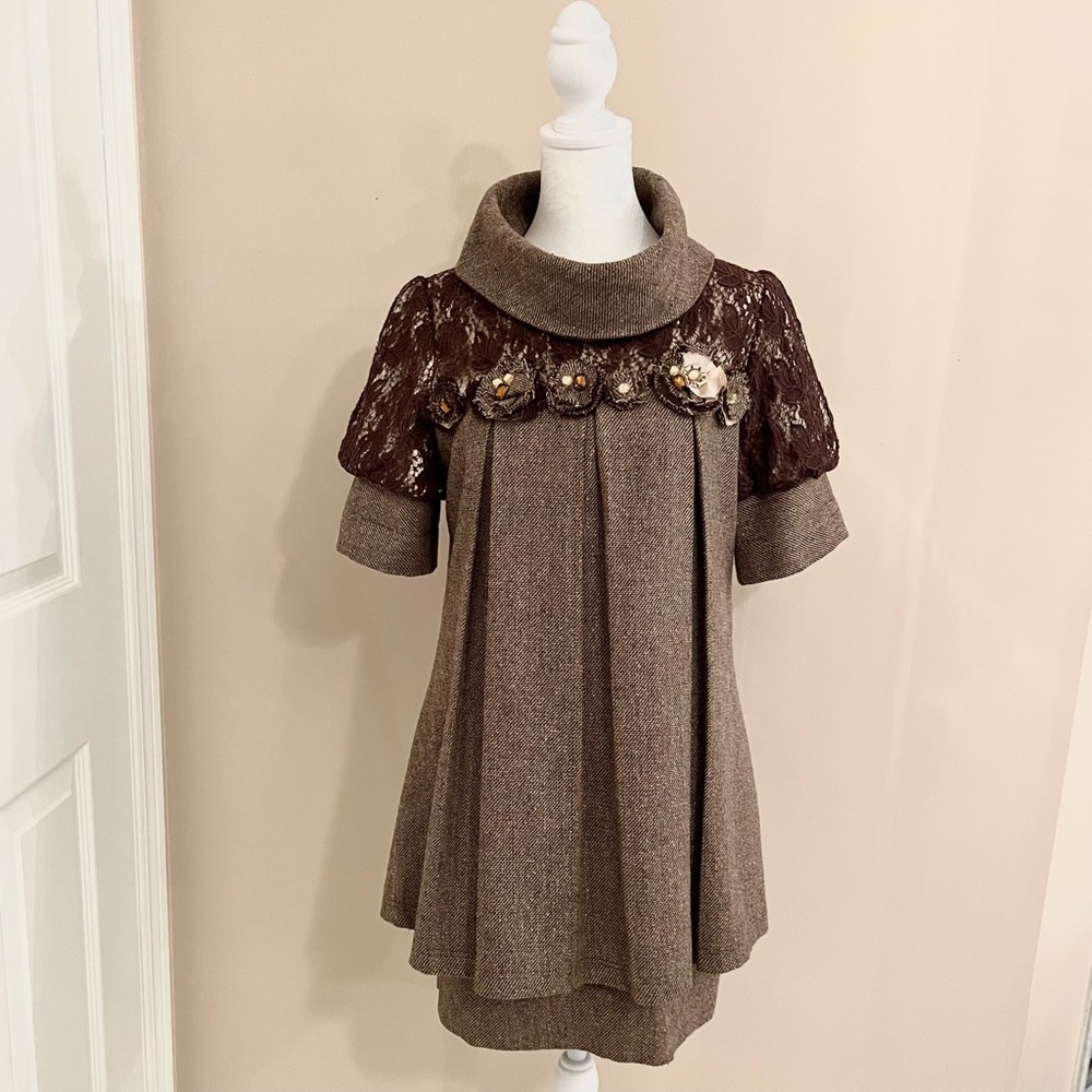 Wool Blend Tweed Babydoll Dress Floral Detail Brown EU 36